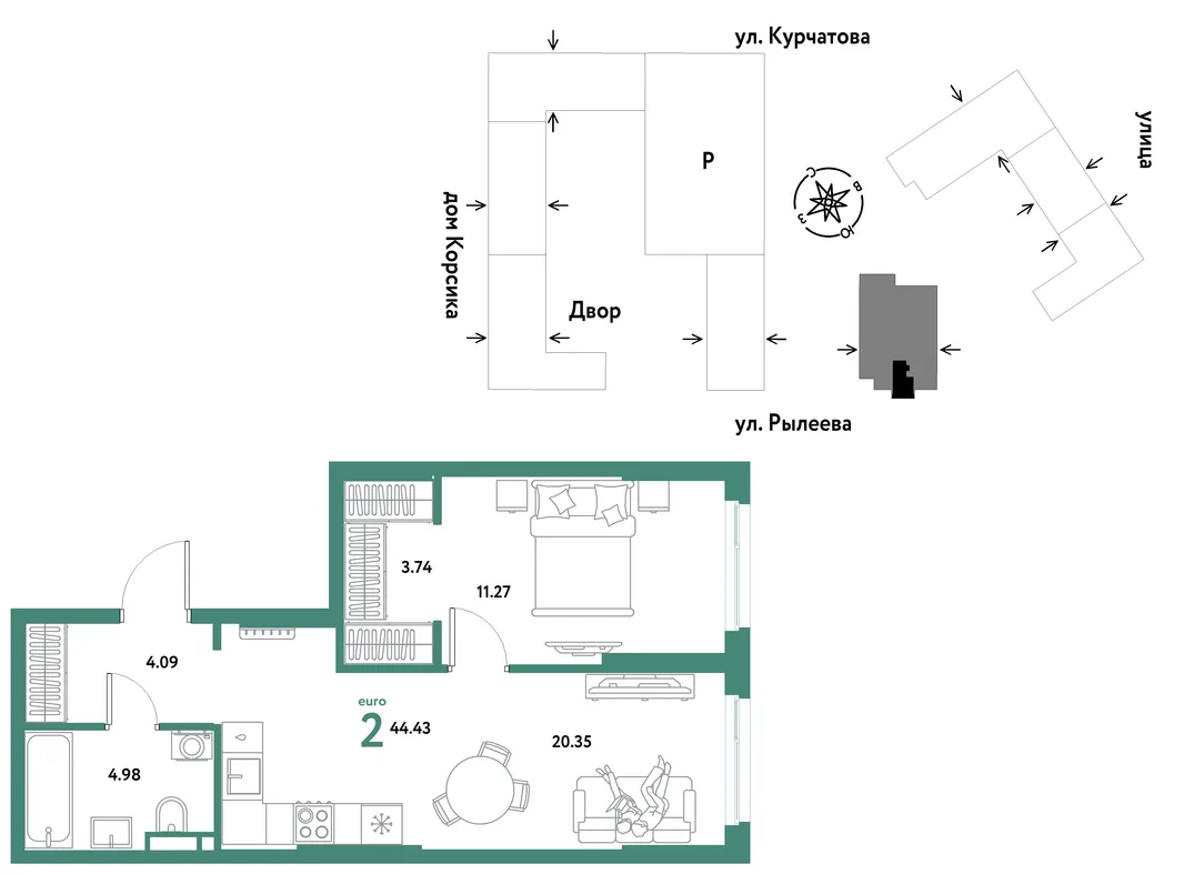 Планировка 2-комн. квартира, 44.43 м² ЖК «Остров-сад»