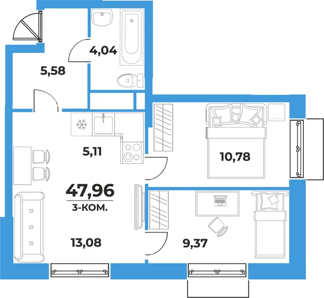 Планировка 3-комн. квартира, 47.96 м² ЖК «На семи холмах» Планировка 3-комн. квартира, 47.96 м² ЖК «На семи холмах»