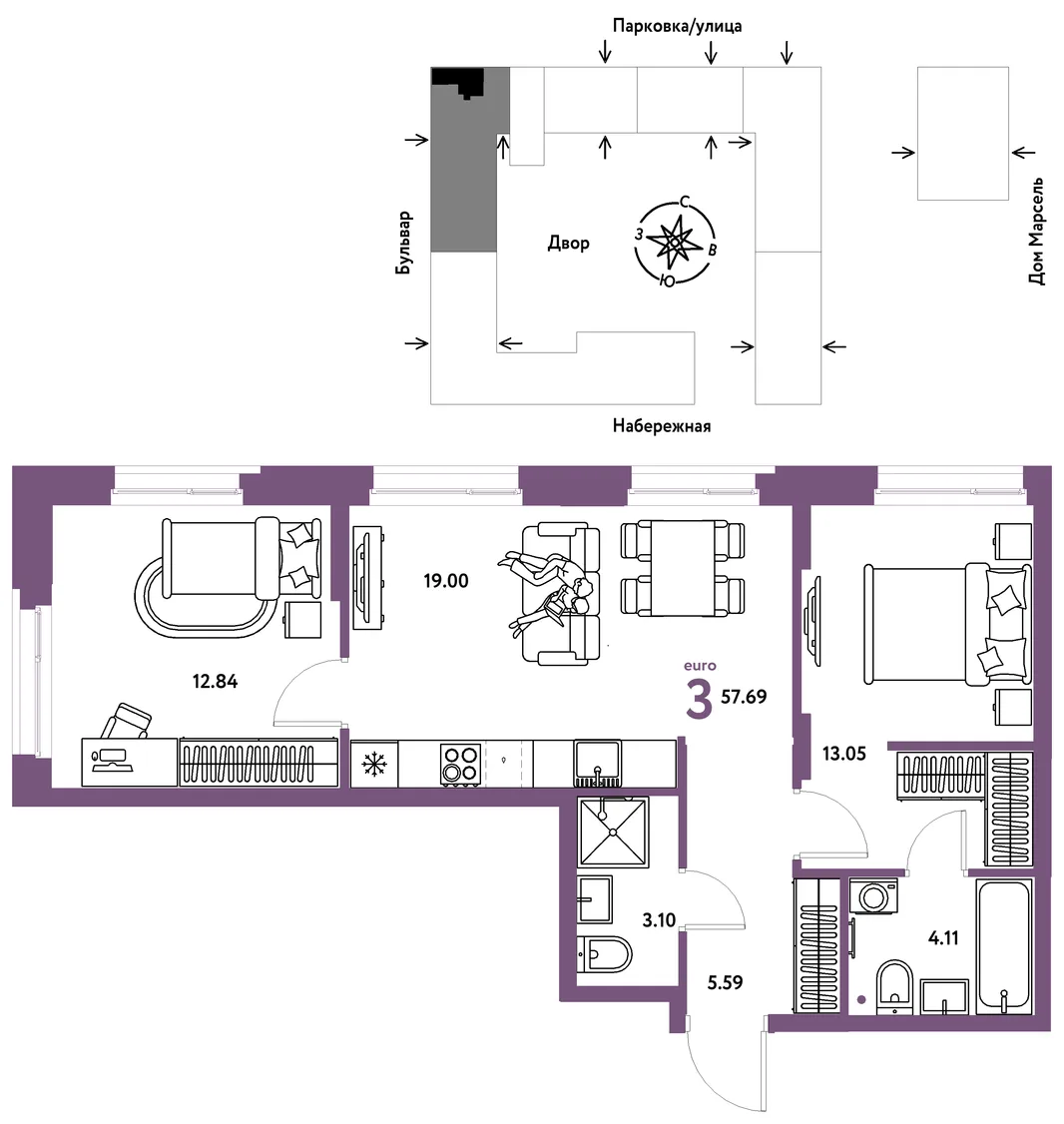 Планировка 3-комн. квартира, 57.69 м² ЖК «Европейский берег 2.0»