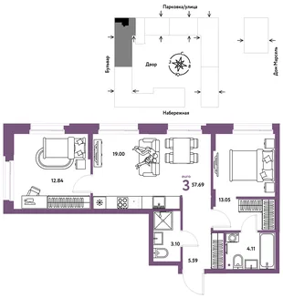 Планировка 3-комн. квартира, 57.69 м² ЖК «Европейский берег 2.0»