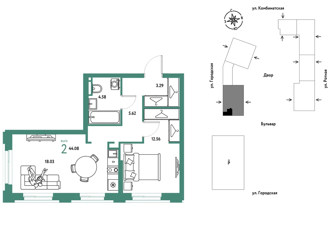 Планировка 2-комн. квартира, 44.08 м² ЖК «Уральский сад»
