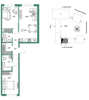 Планировка 2-комн. квартира, 64.59 м² ЖК «Сердце Сибири»