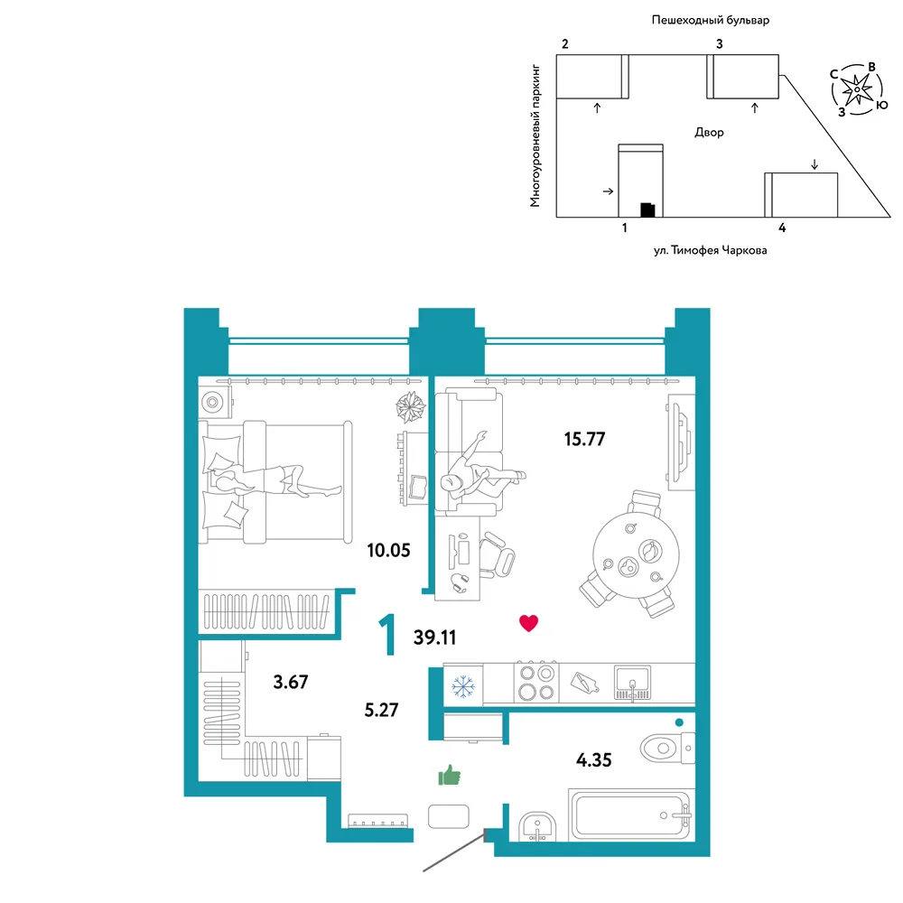 Планировка 1-комн. квартира, 39.11 м² ЖК «Микрорайон Звездный»