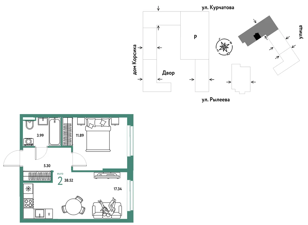 Планировка 2-комн. квартира, 38.7 м² ЖК «Остров-сад»