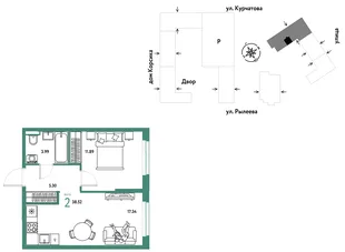 Планировка 2-комн. квартира, 38.7 м² ЖК «Остров-сад»