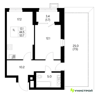 Планировка 1-комн. квартира, 53.7 м² ЖК «Стадиум»