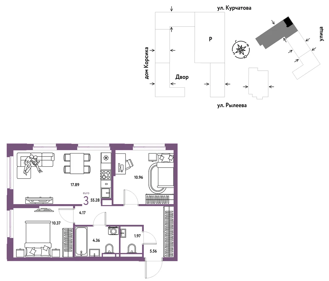 Планировка 3-комн. квартира, 56 м² ЖК «Остров-сад»