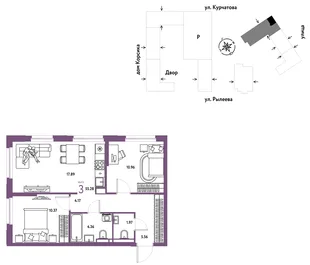 Планировка 3-комн. квартира, 56 м² ЖК «Остров-сад»