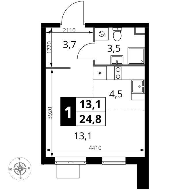 Планировка Студия, 24.8 м² ЖК «1-й Шереметьевский» Планировка Студия, 24.8 м² ЖК «1-й Шереметьевский»