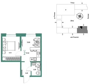 Планировка 2-комн. квартира, 31.42 м² ЖК «Остров-сад»