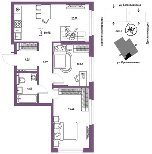Планировка 3-комн. квартира, 60.98 м² ЖК «Страна Прибрежная»