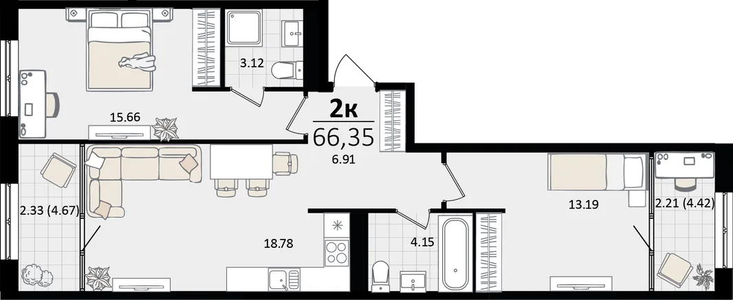 Планировка 2-комн. квартира, 66.35 м² ЖК «Патрики»