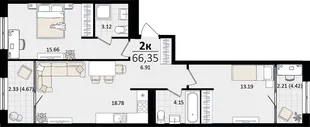 Планировка 2-комн. квартира, 66.35 м² ЖК «Патрики»