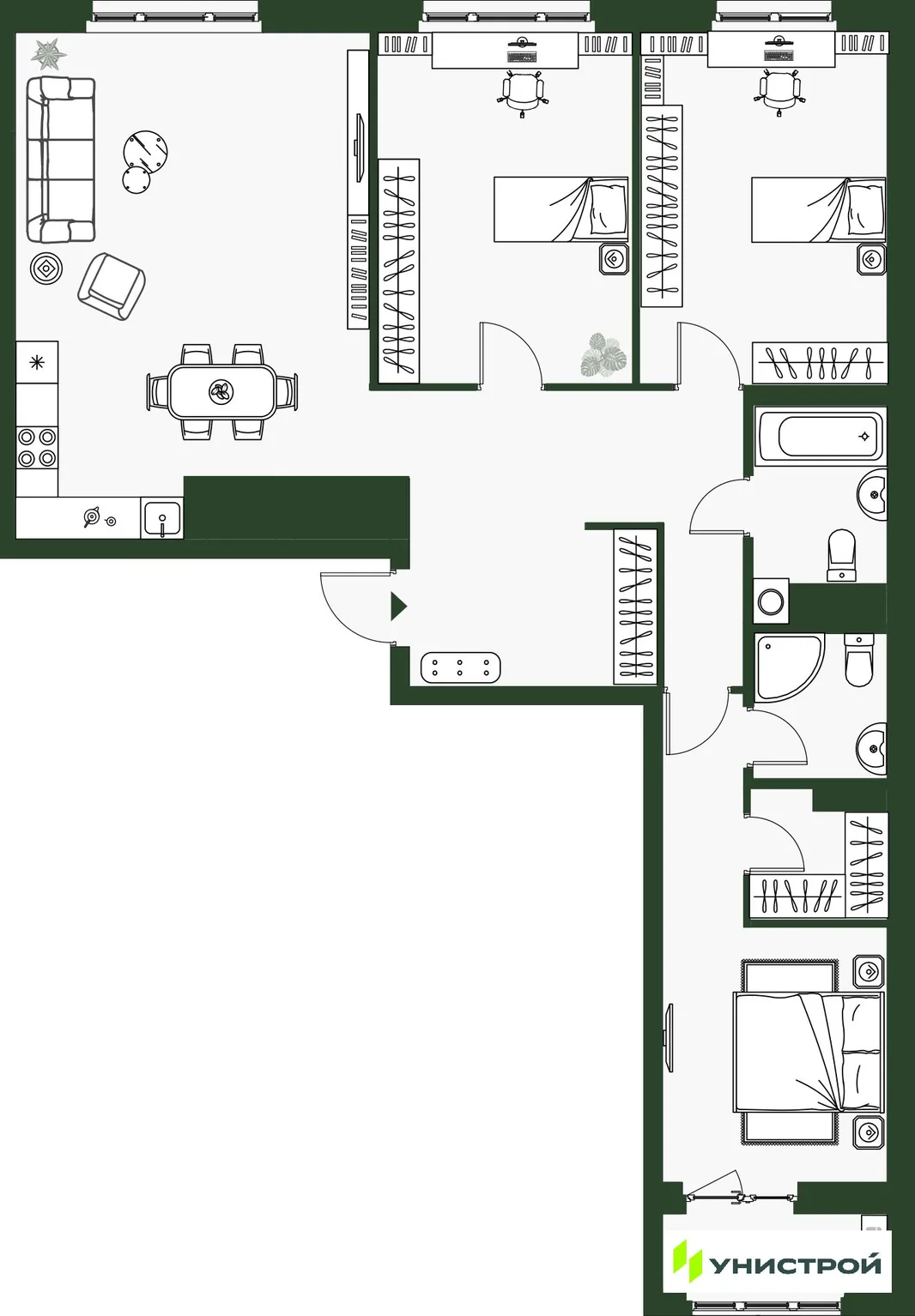 Планировка 3-комн. квартира, 98.42 м² ЖК «Парковый квартал 2.0»