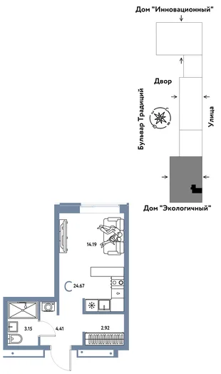 Планировка Студия, 24.67 м² ЖК «Микрорайон Домашний»