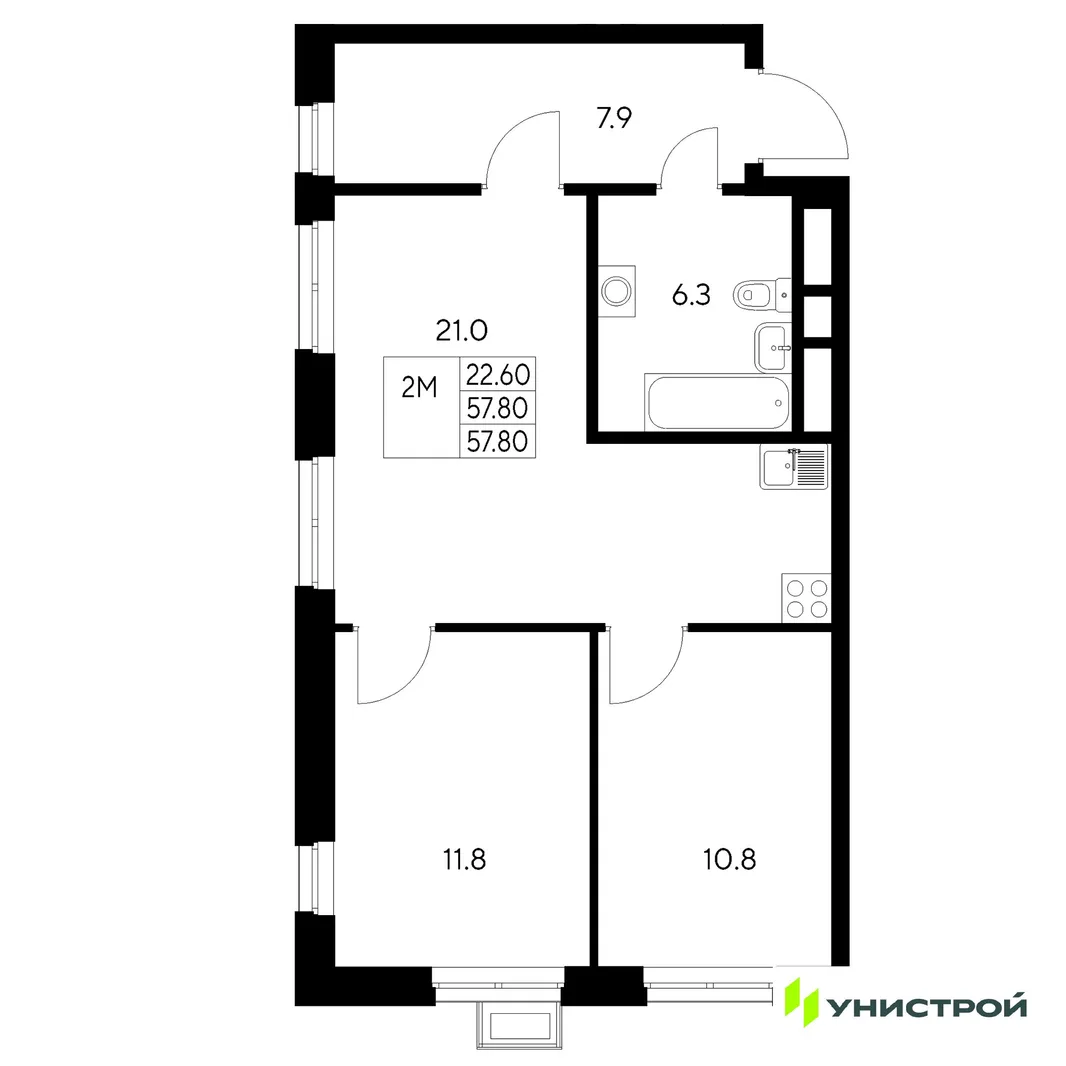 Планировка 2-комн. квартира, 57.8 м² ЖК «Стадиум»
