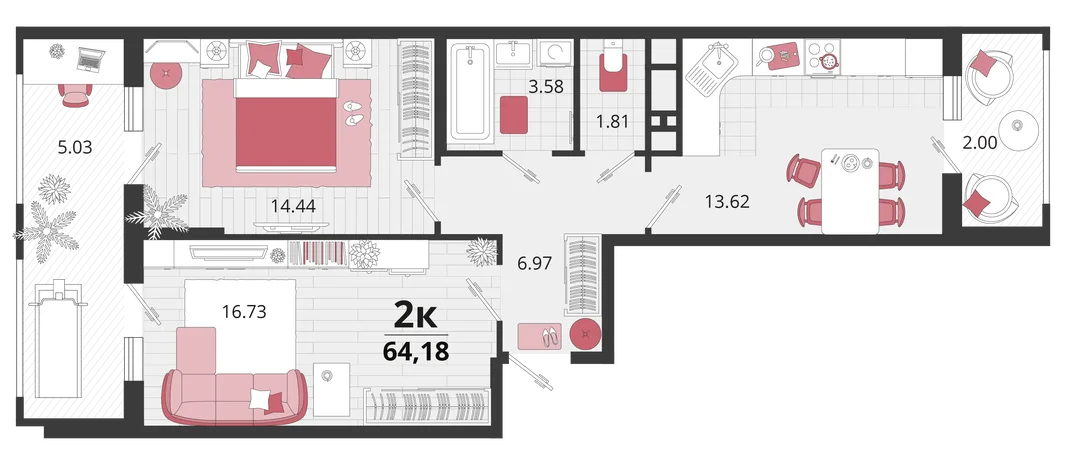 Планировка 2-комн. квартира, 64.25 м² ЖК «Родные просторы»