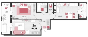 Планировка 2-комн. квартира, 64.25 м² ЖК «Родные просторы»