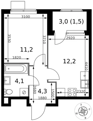 Планировка 1-комн. квартира, 33.3 м² ЖК «1-й Химкинский»