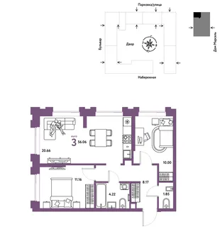 Планировка 3-комн. квартира, 56.06 м² ЖК «Европейский берег 2.0»