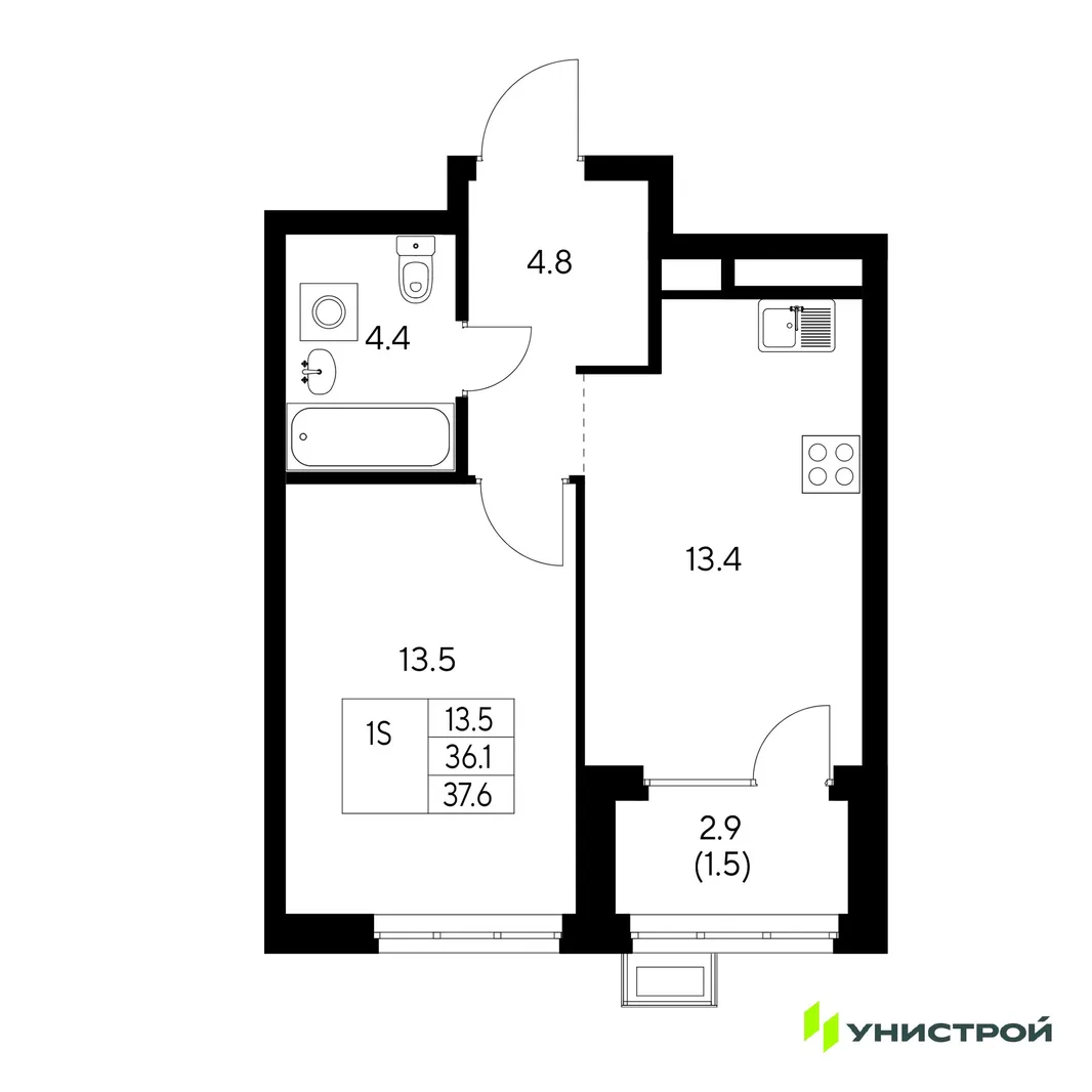 Планировка 1-комн. квартира, 37.6 м² ЖК «Стадиум»
