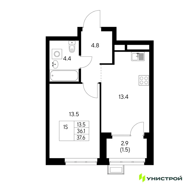Планировка 1-комн. квартира, 37.6 м² ЖК «Стадиум» Планировка 1-комн. квартира, 37.6 м² ЖК «Стадиум»
