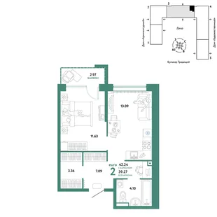 Планировка 2-комн. квартира, 42.24 м² ЖК «Микрорайон Домашний»