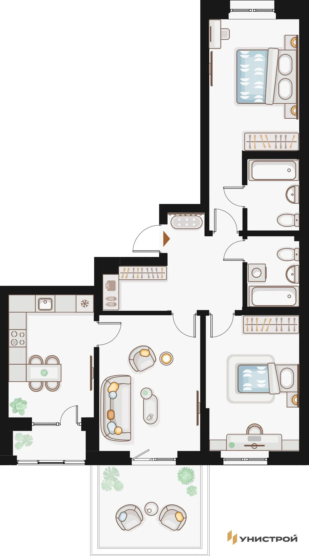 Планировка 3-комн. квартира, 84.99 м² ЖК «Жилой кластер Q на Кулагина»