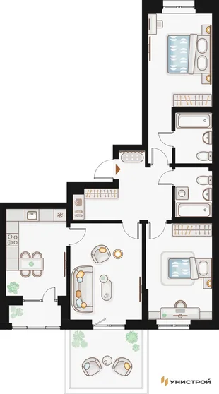 Планировка 3-комн. квартира, 84.99 м² ЖК «Жилой кластер Q на Кулагина»
