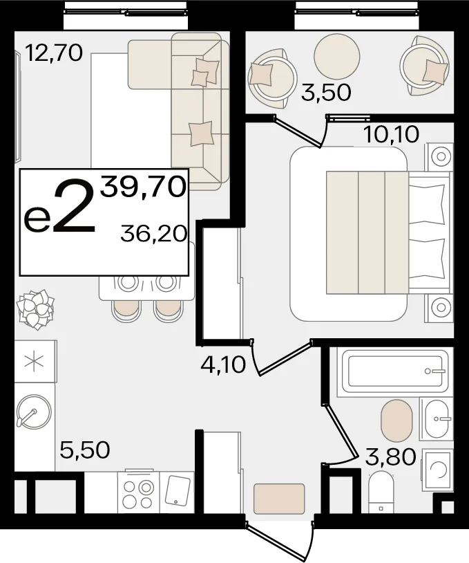Планировка 2-комн. квартира, 39.7 м² ЖК «Патрики»