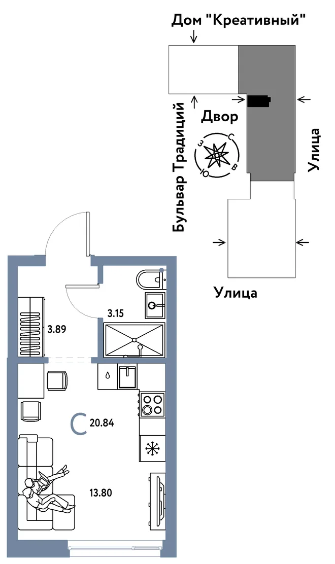 Планировка Студия, 20.84 м² ЖК «Микрорайон Домашний»