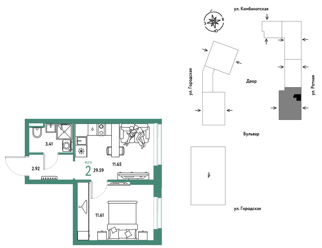 Планировка 2-комн. квартира, 29.59 м² ЖК «Уральский сад»
