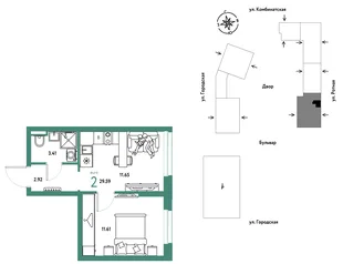 Планировка 2-комн. квартира, 29.59 м² ЖК «Уральский сад»