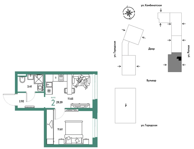 Планировка 2-комн. квартира, 29.59 м² ЖК «Уральский сад» Планировка 2-комн. квартира, 29.59 м² ЖК «Уральский сад»