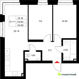 Планировка 2-комн. квартира, 53.8 м² ЖК «Уникод на Технической»