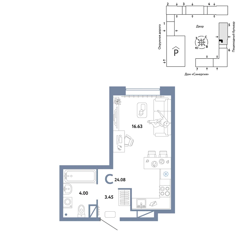 Планировка Студия, 24.08 м² ЖК «Юнион»