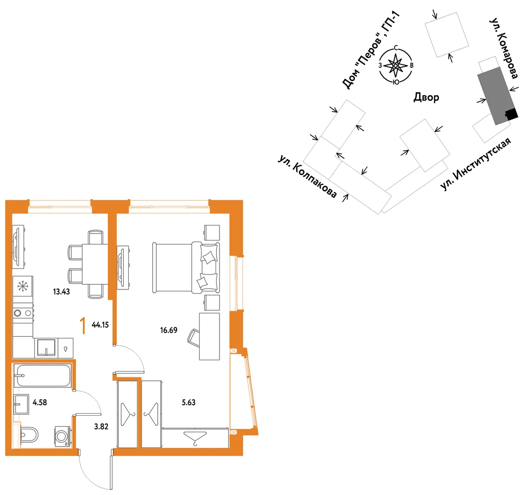 Планировка 1-комн. квартира, 44.15 м² ЖК «Страна.Парковая»