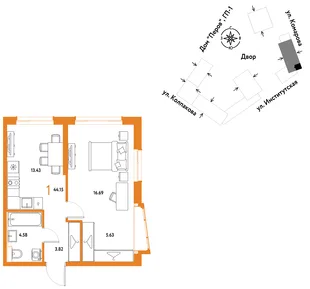 Планировка 1-комн. квартира, 44.15 м² ЖК «Страна.Парковая»