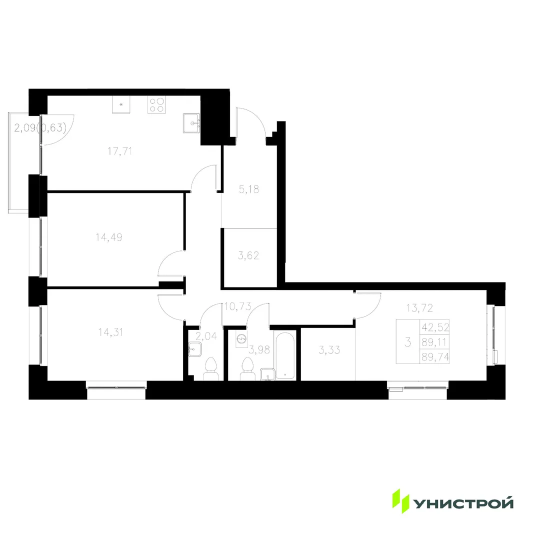 Планировка 3-комн. квартира, 89.74 м² ЖК «Statum»