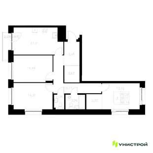 Планировка 3-комн. квартира, 89.74 м² ЖК «Statum»