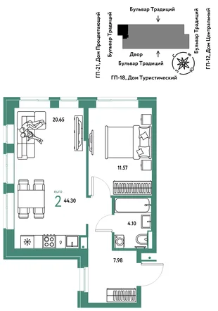 Планировка 2-комн. квартира, 44.3 м² ЖК «Микрорайон Домашний»