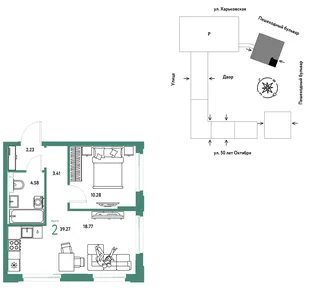 Планировка 2-комн. квартира, 39.27 м² ЖК «Сердце Сибири»