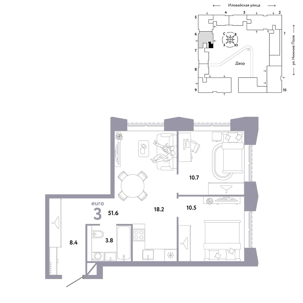 Планировка 3-комн. квартира, 51.6 м² ЖК «Страна.Заречная»