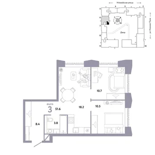 Планировка 3-комн. квартира, 51.6 м² ЖК «Страна.Заречная»