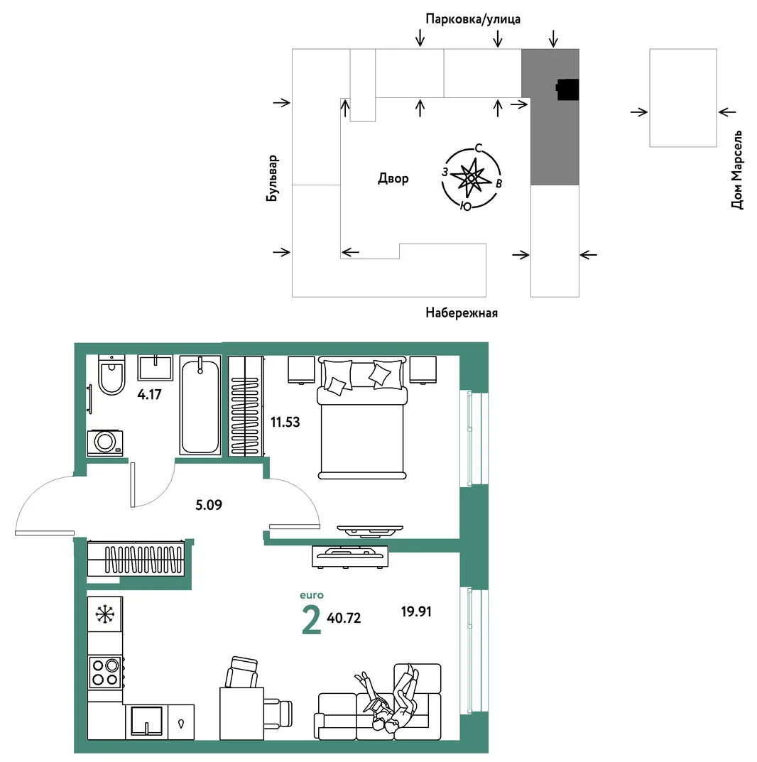 Планировка 2-комн. квартира, 40.72 м² ЖК «Европейский берег 2.0»