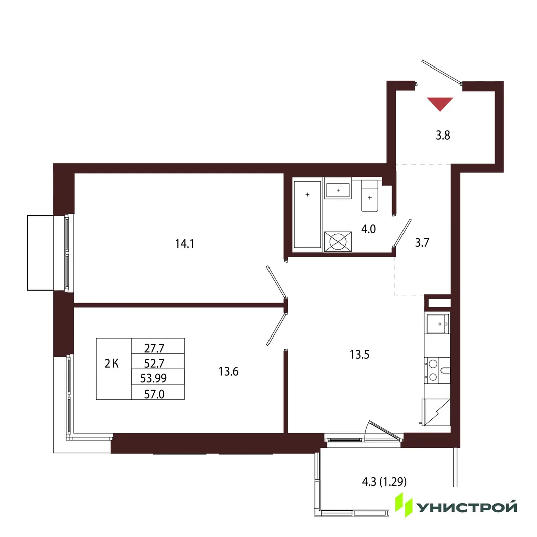 Планировка 2-комн. квартира, 53.99 м² ЖК «Лисино»