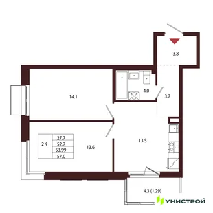 Планировка 2-комн. квартира, 53.99 м² ЖК «Лисино»