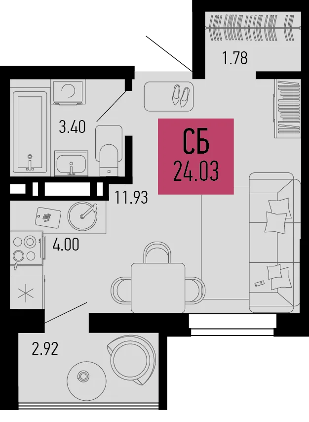 Планировка Студия, 24.03 м² ЖК «Столицыно»