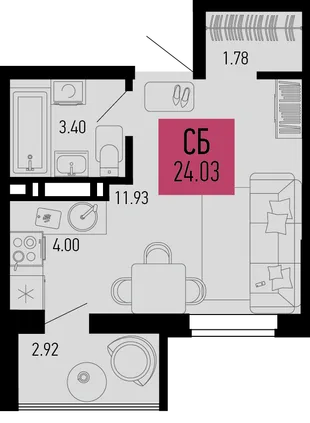 Планировка Студия, 24.03 м² ЖК «Столицыно»