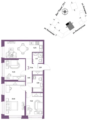 Планировка 3-комн. квартира, 77.56 м² ЖК «Страна.Парковая»